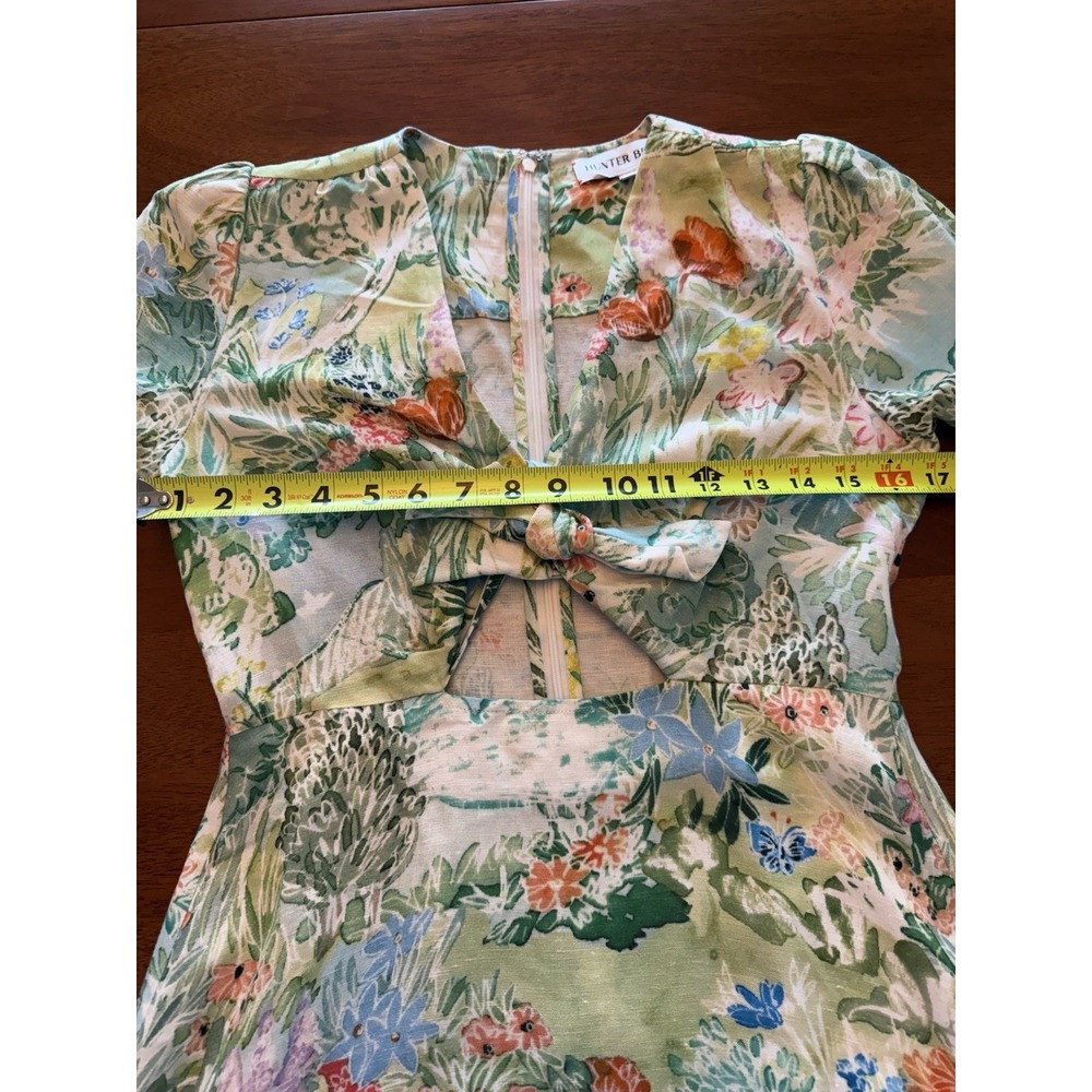 Hunter Bell Pierce Midi Dress Size 4 Green Garden Floral Linen Blend Cutout Bow - Picture 6 of 16